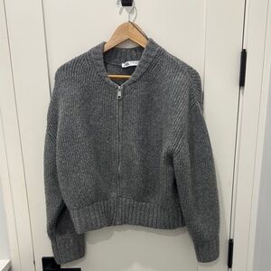 Gray Ribbed Zip-Up Sweater